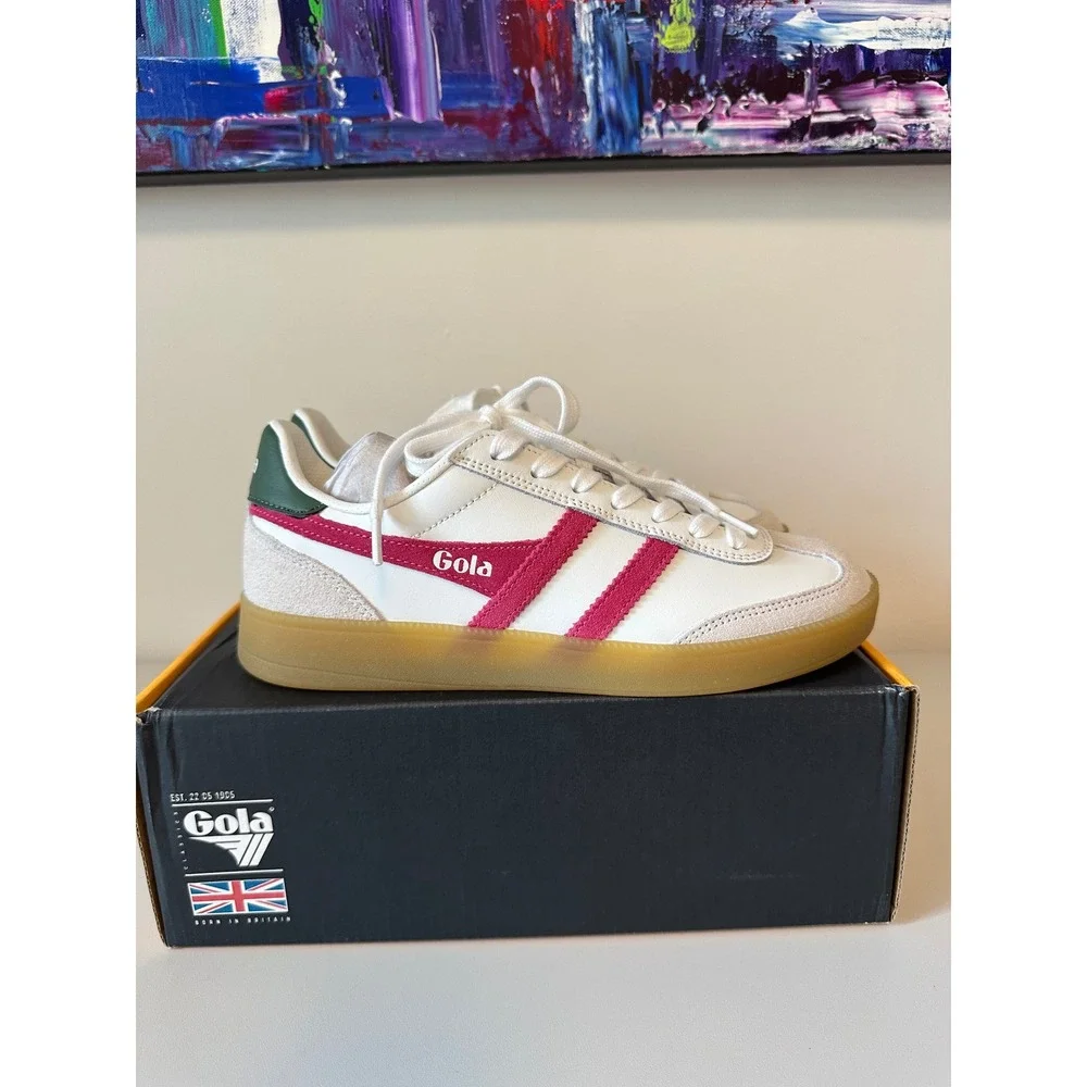 New Gola Viper Leather Sneakers in White Fuchsia Evergreen Gum | Size 6
